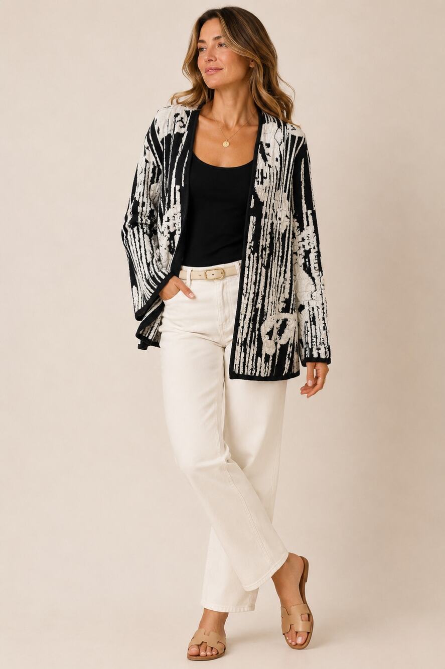 Chico's Black White Floral Textured Open Front Cardigan Sweater Size 1 Medium